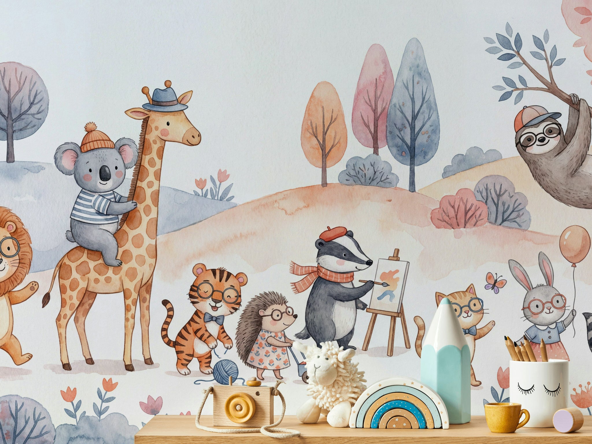 Playful Animals Wallpaper Whimsical Cartoon Wall Mural