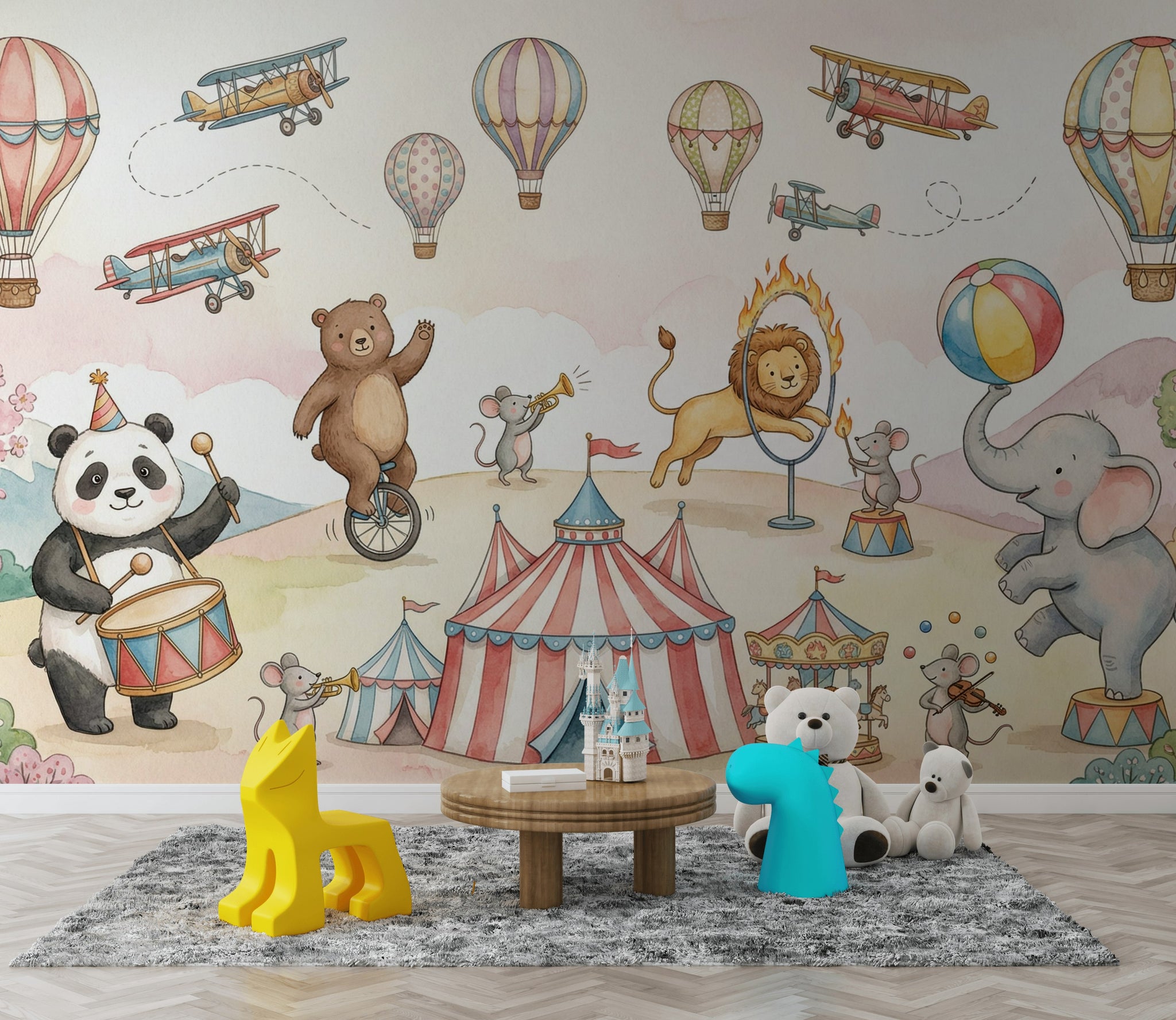 Circus Animals Wallpaper Hot Air Balloons Whimsical Wall Mural