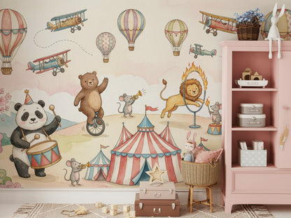 Circus Animals Wallpaper Hot Air Balloons Whimsical Wall Mural