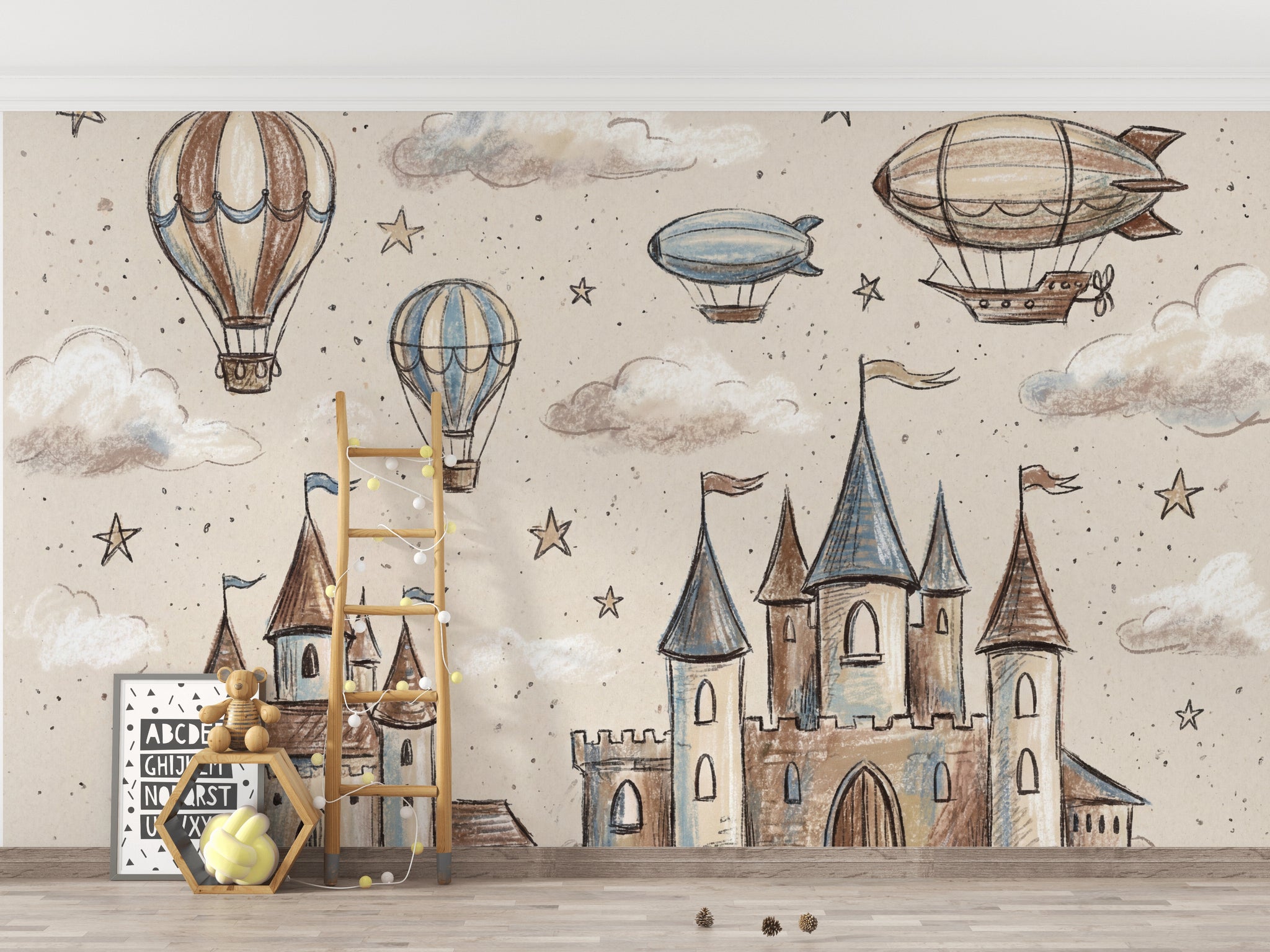 Whimsical Castle Wallpaper Sketch Stars Removable Wall Decor