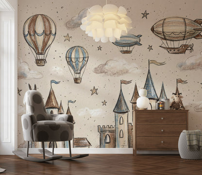 Whimsical Castle Wallpaper Sketch Stars Removable Wall Decor