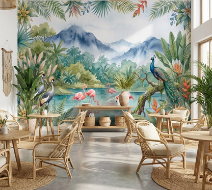 Tropical Wallpaper Flamingos Peacock Wall Mural