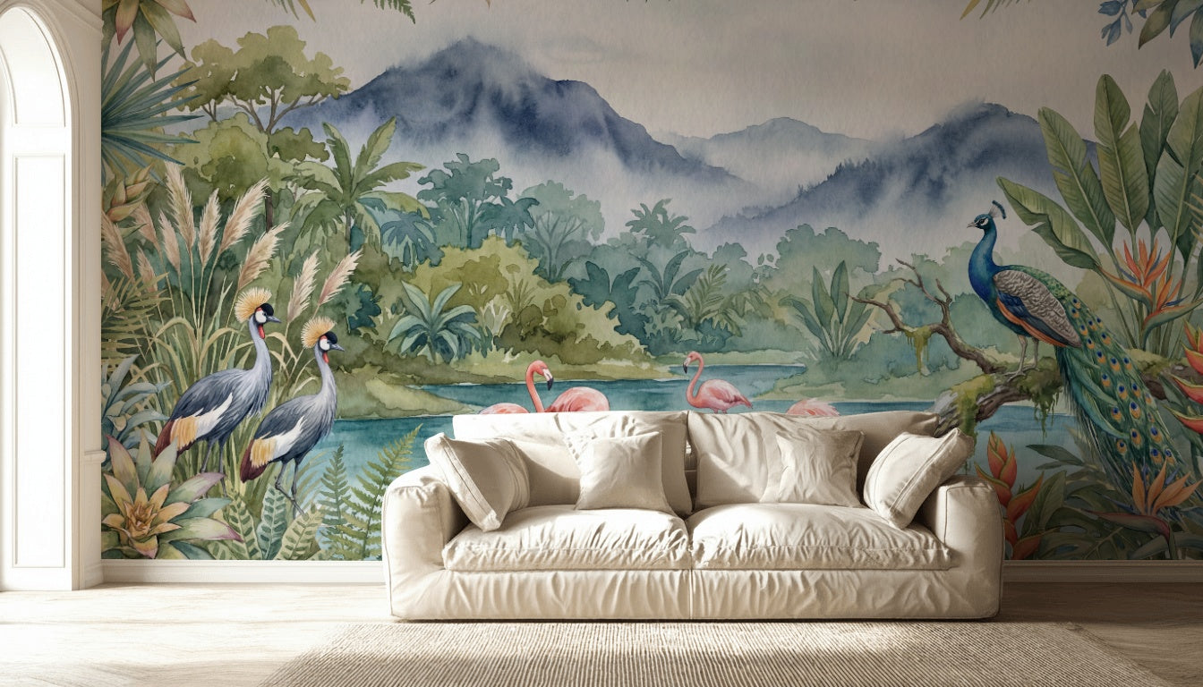Tropical Wallpaper Flamingos Peacock Wall Mural