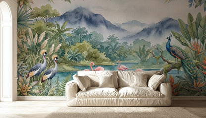 Tropical Wallpaper Flamingos Peacock Wall Mural