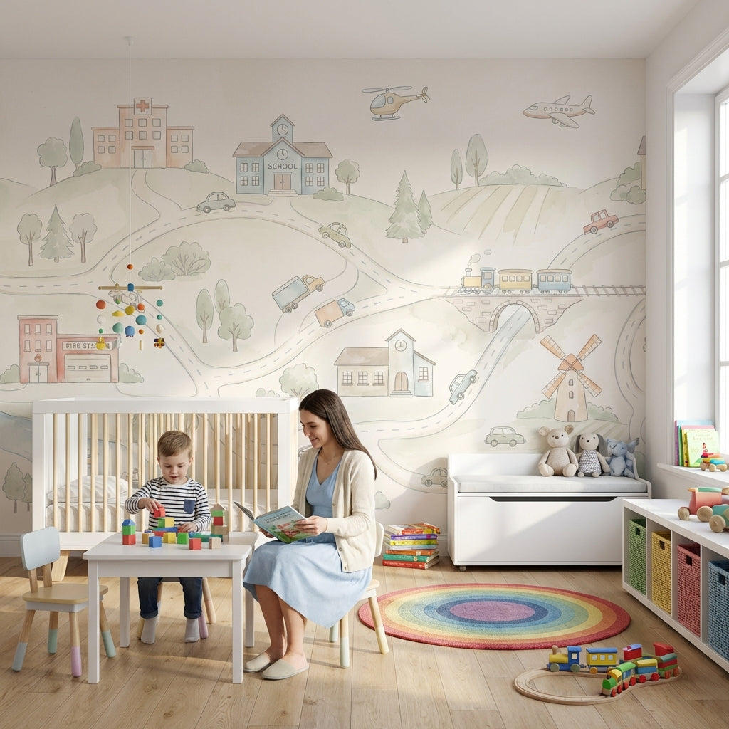 Landscape Wallpaper Village Illustration Wall Mural