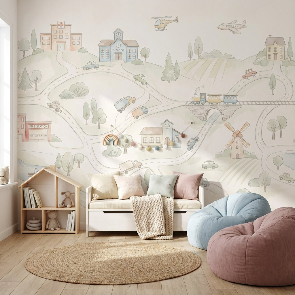 Landscape Wallpaper Village Illustration Wall Mural