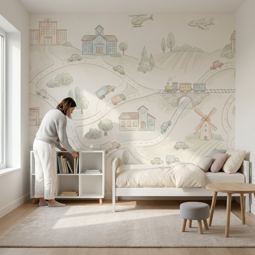 Landscape Wallpaper Village Illustration Wall Mural