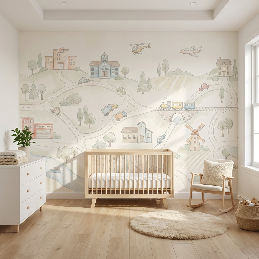 Landscape Wallpaper Village Illustration Wall Mural