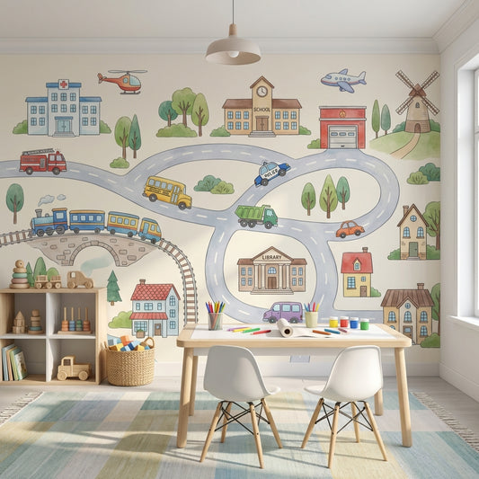 Town Wallpaper Vehicles Buildings Wall Mural