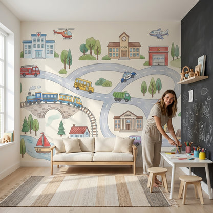 Town Wallpaper Vehicles Buildings Wall Mural