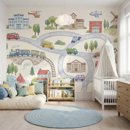 Town Wallpaper Vehicles Buildings Wall Mural