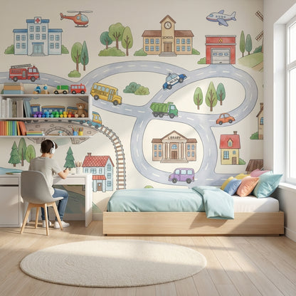 Town Wallpaper Vehicles Buildings Wall Mural