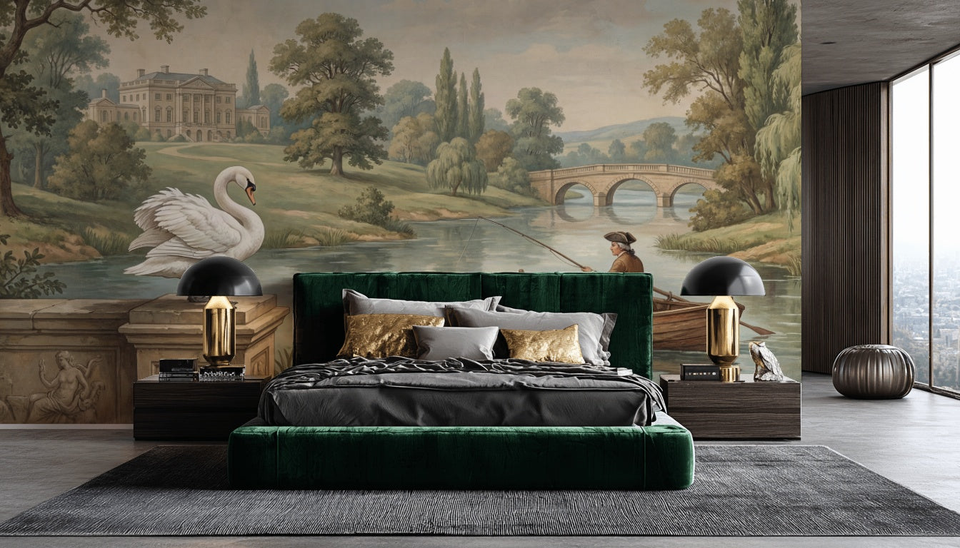 Landscape Wallpaper Swan Vintage Wall Mural