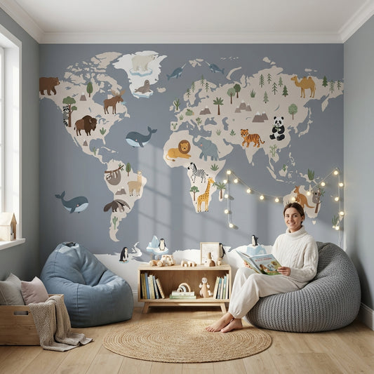 World Map Wallpaper Animals Educational Wall Mural