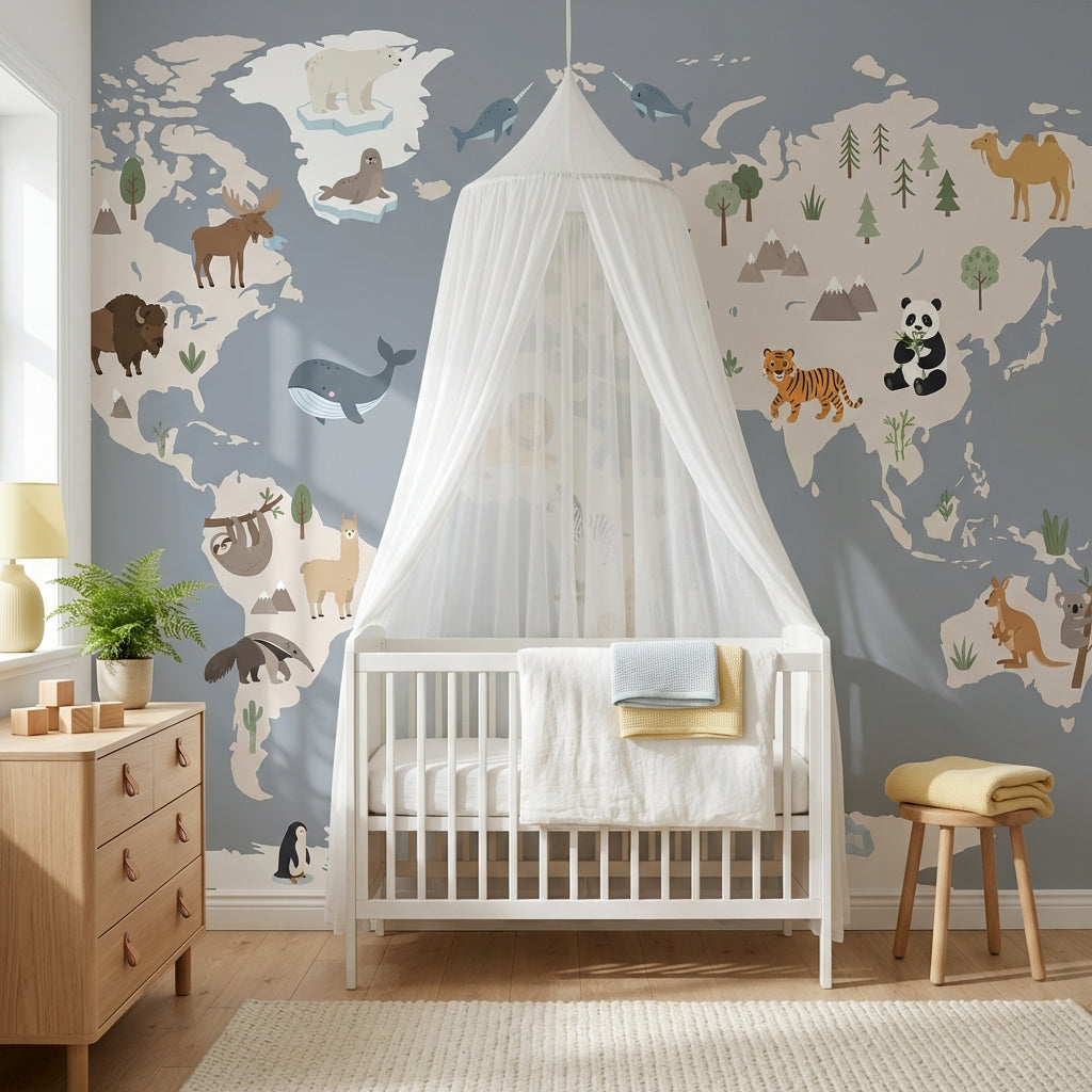 World Map Wallpaper Animals Educational Wall Mural