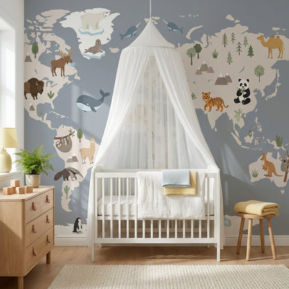 World Map Wallpaper Animals Educational Wall Mural