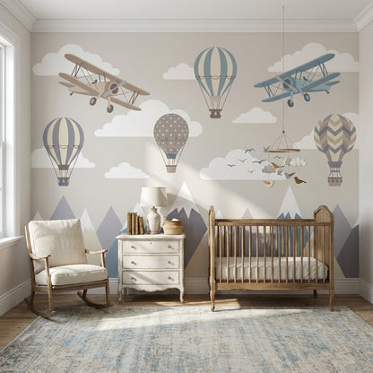 Airplanes Wallpaper Hot Air Balloons Mountains Wall Mural