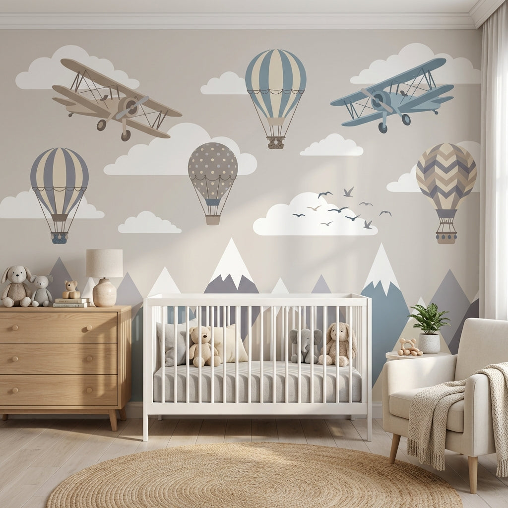 Airplanes Wallpaper Hot Air Balloons Mountains Wall Mural