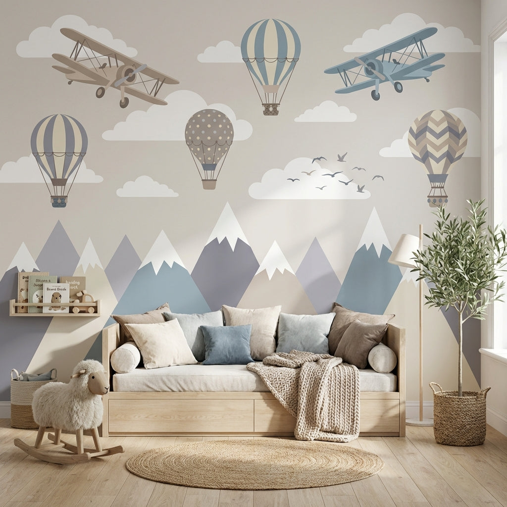 Airplanes Wallpaper Hot Air Balloons Mountains Wall Mural