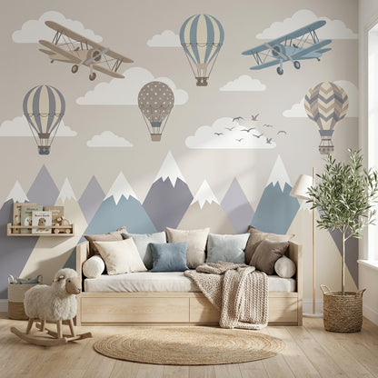 Airplanes Wallpaper Hot Air Balloons Mountains Wall Mural
