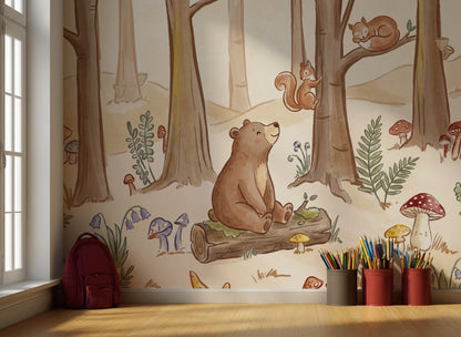 Whimsical Forest Wallpaper Bear Squirrel Wall Mural