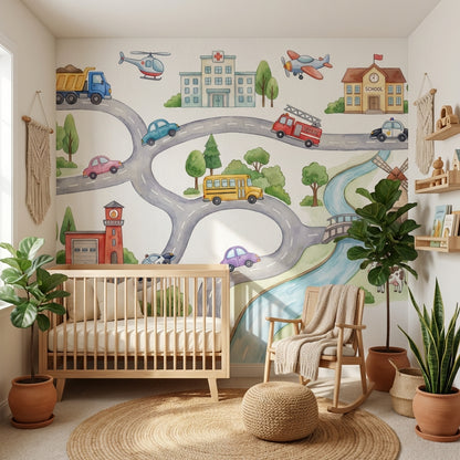 Landscape Wallpaper Vehicles Cartoon Wall Mural