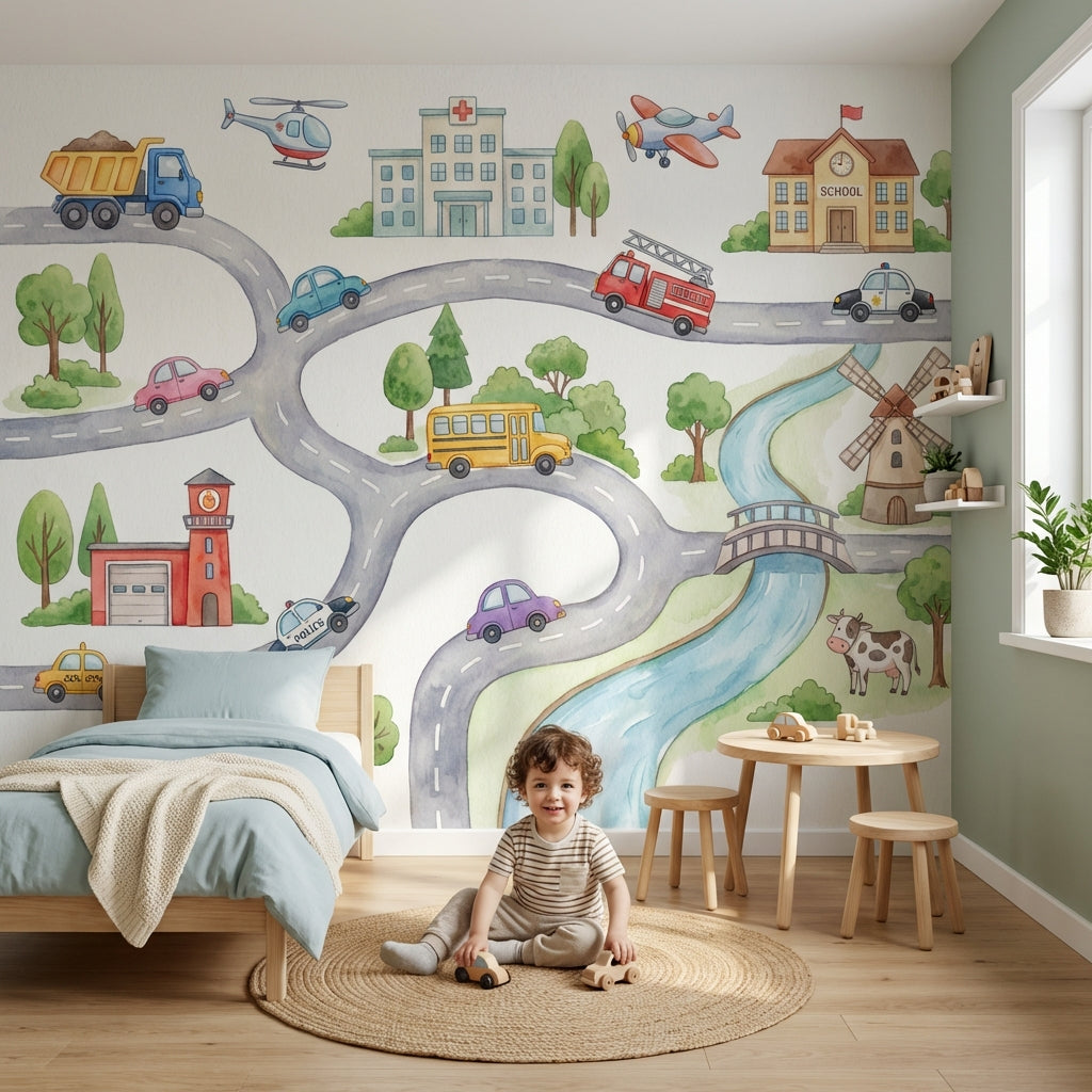 Landscape Wallpaper Vehicles Cartoon Wall Mural