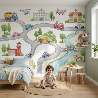 Landscape Wallpaper Vehicles Cartoon Wall Mural