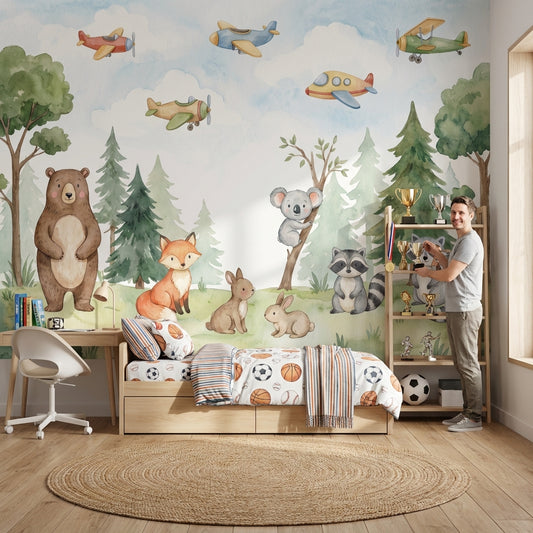Whimsical Forest Wallpaper Animal Watercolor Wall Mural