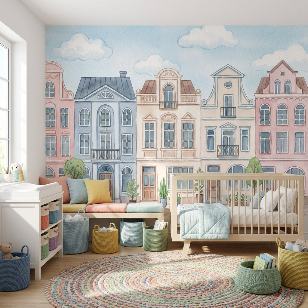 Townhouses Wallpaper Watercolor Architecture Wall Decor