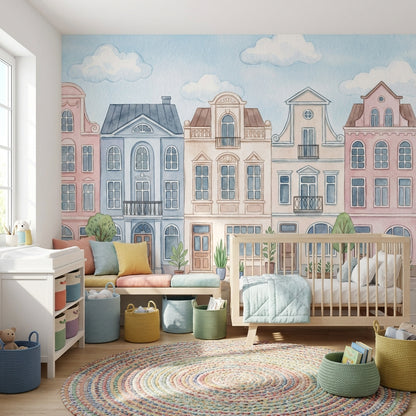Townhouses Wallpaper Watercolor Architecture Wall Decor