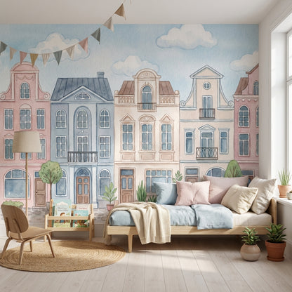 Townhouses Wallpaper Watercolor Architecture Wall Decor