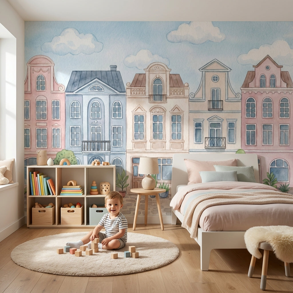 Townhouses Wallpaper Watercolor Architecture Wall Decor