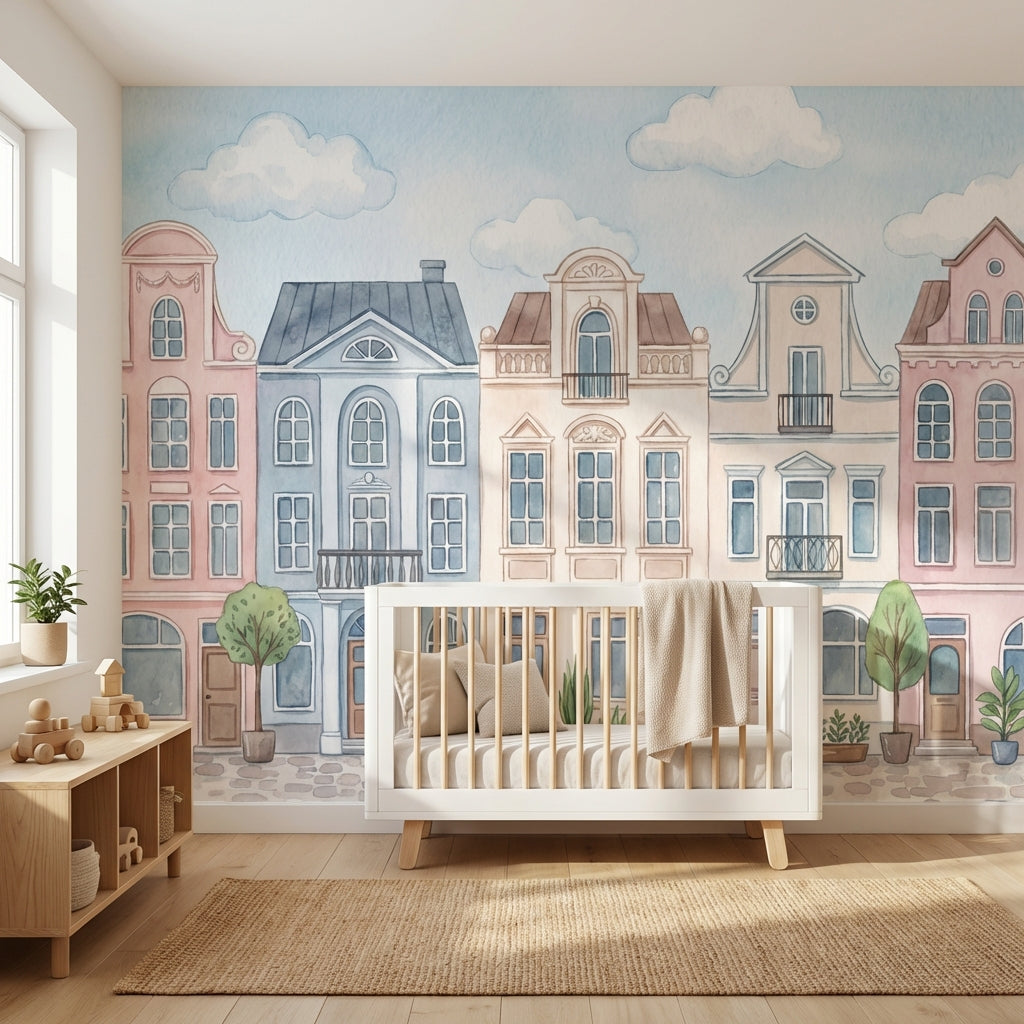 Townhouses Wallpaper Watercolor Architecture Wall Decor