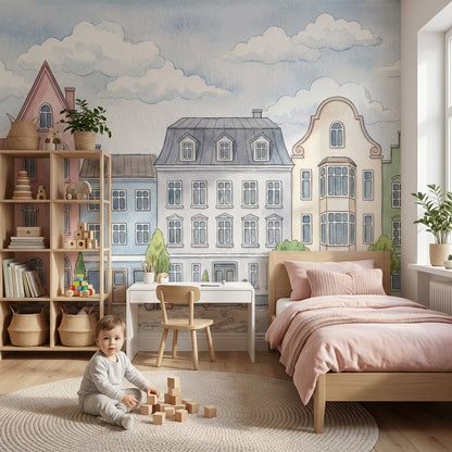 Watercolor Street Wallpaper Pastel European Wall Mural