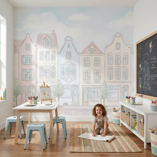 Pastel Houses Wallpaper European Vintage Wall Decor