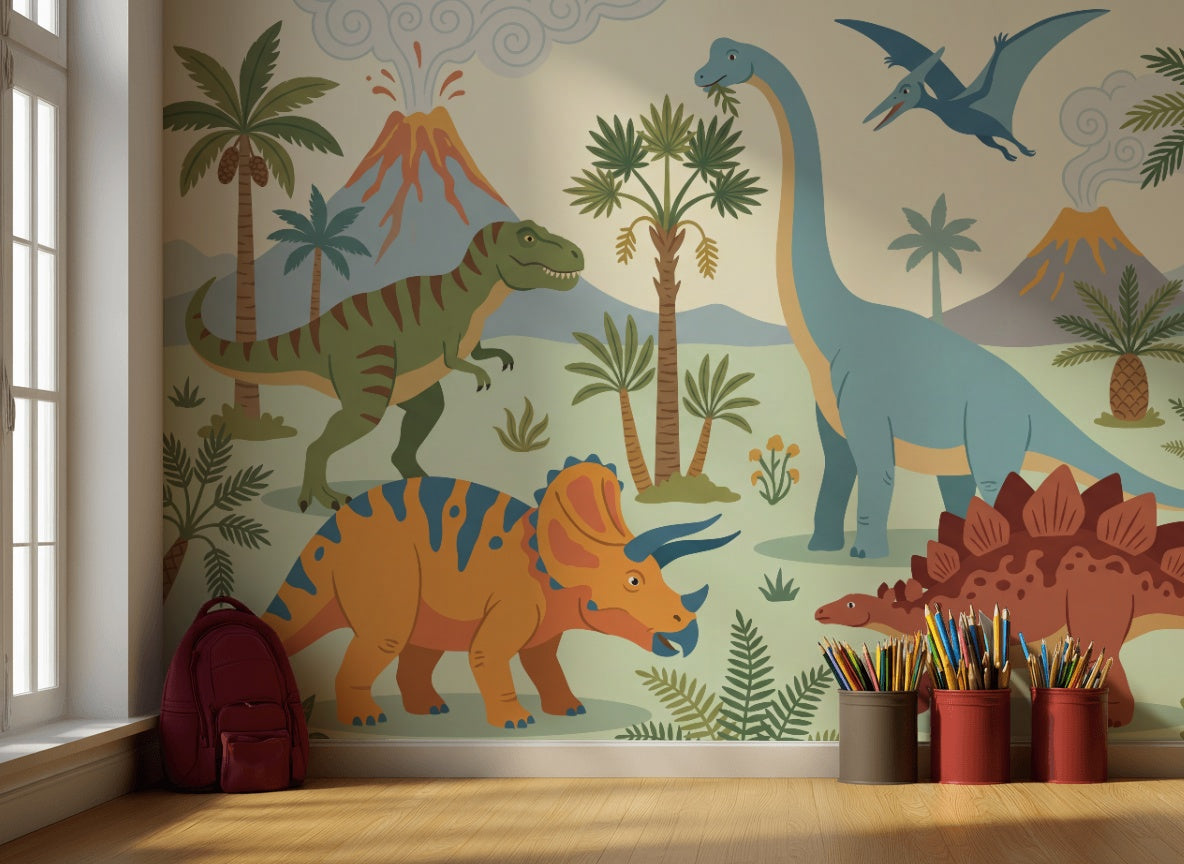 Dinosaur Adventure Wallpaper Prehistoric Volcano Wall Mural