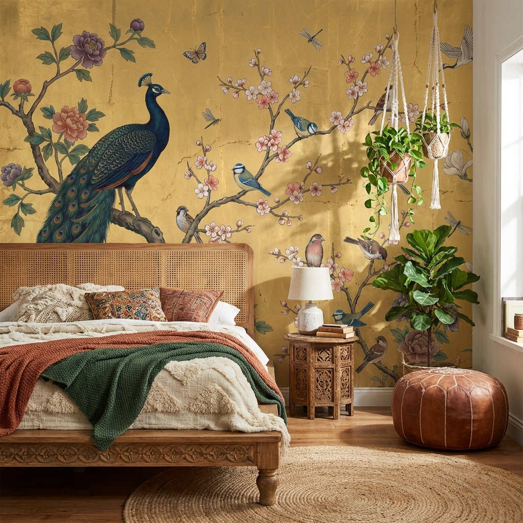 Peacock Wallpaper Floral Birds Wall Mural