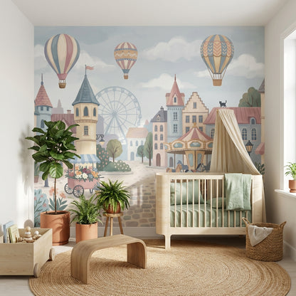 Village Wallpaper Hot Air Balloons Carousel Wall Mural