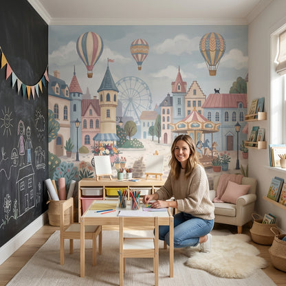 Village Wallpaper Hot Air Balloons Carousel Wall Mural