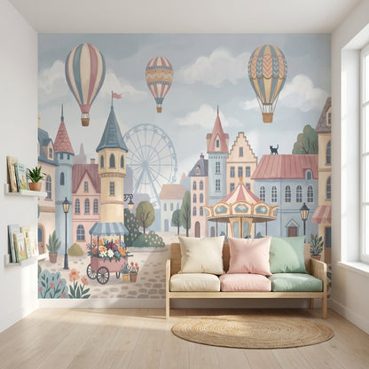 Village Wallpaper Hot Air Balloons Carousel Wall Mural