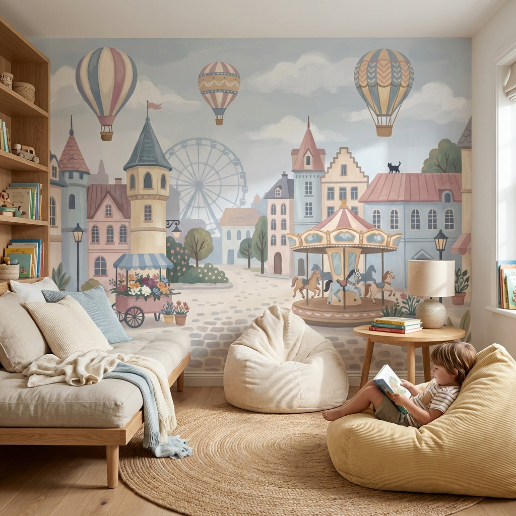Village Wallpaper Hot Air Balloons Carousel Wall Mural