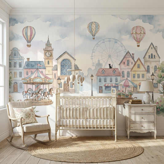 Vintage Village Wallpaper Carousel Whimsical Wall Decor