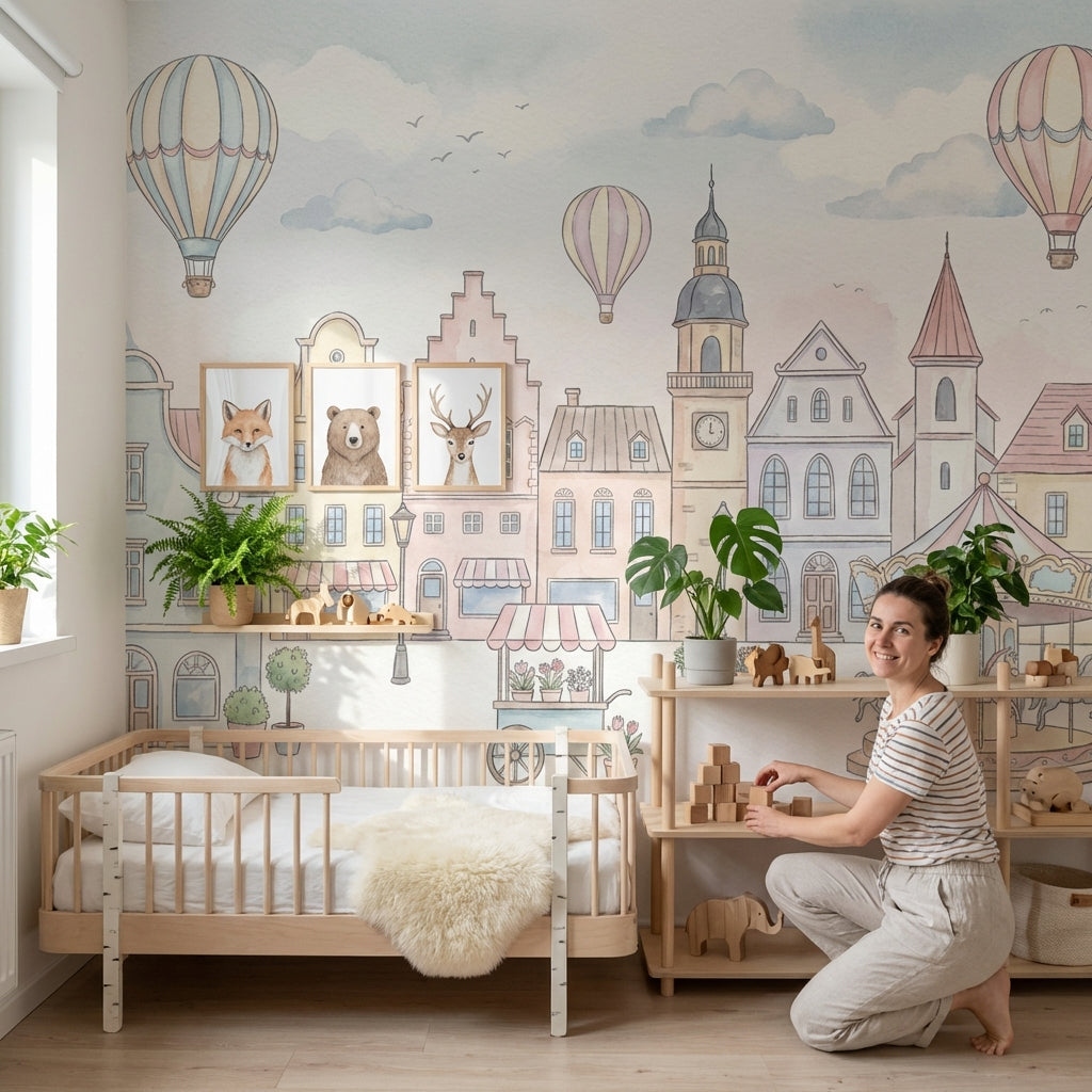 Whimsical Townscape Wallpaper Pastel European Wall Mural