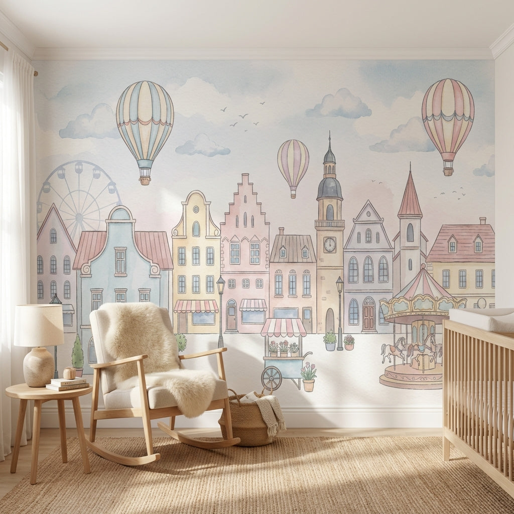 Whimsical Townscape Wallpaper Pastel European Wall Mural