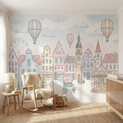 Whimsical Townscape Wallpaper Pastel European Wall Mural