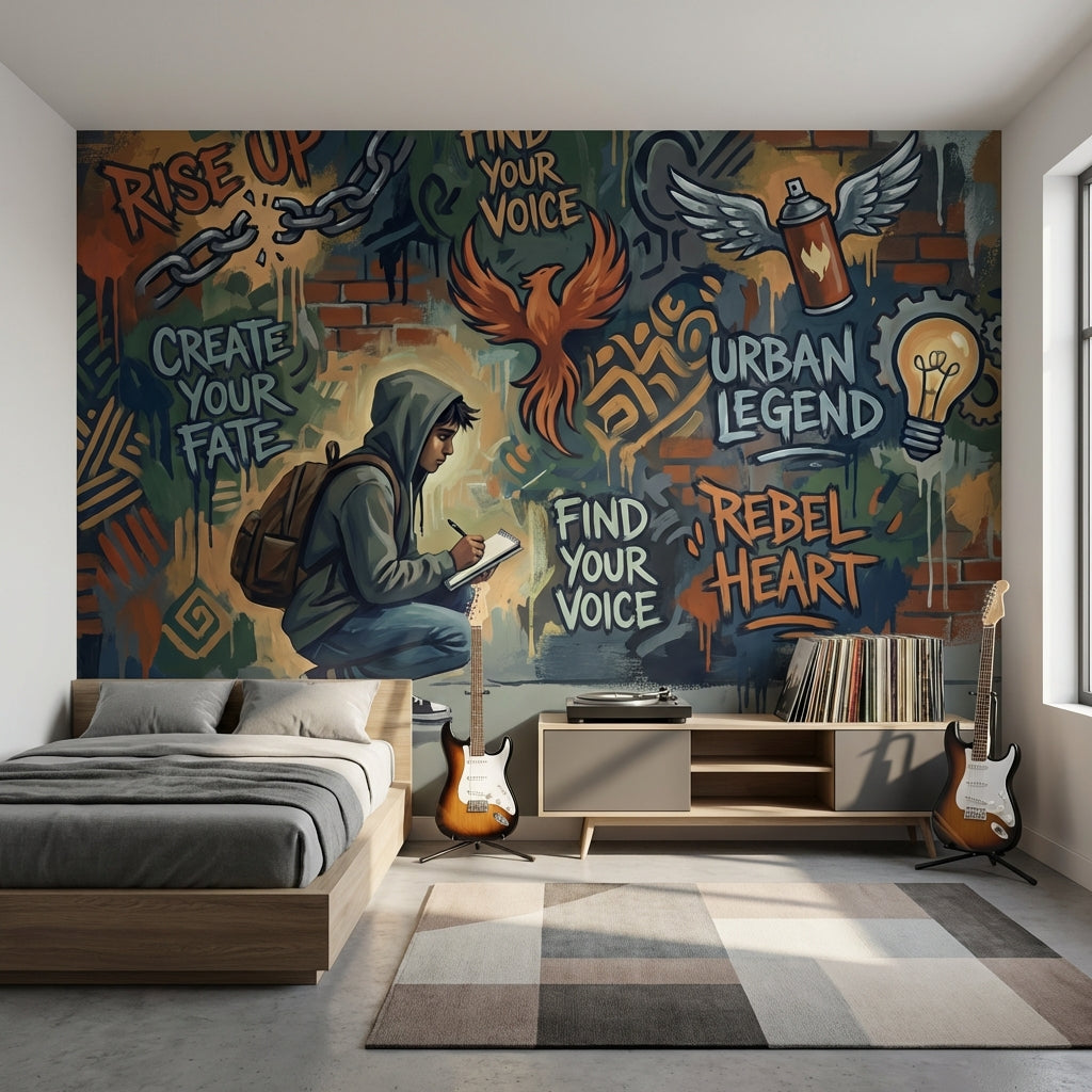 Graffiti Brick Wallpaper Young Man Energetic Wall Mural