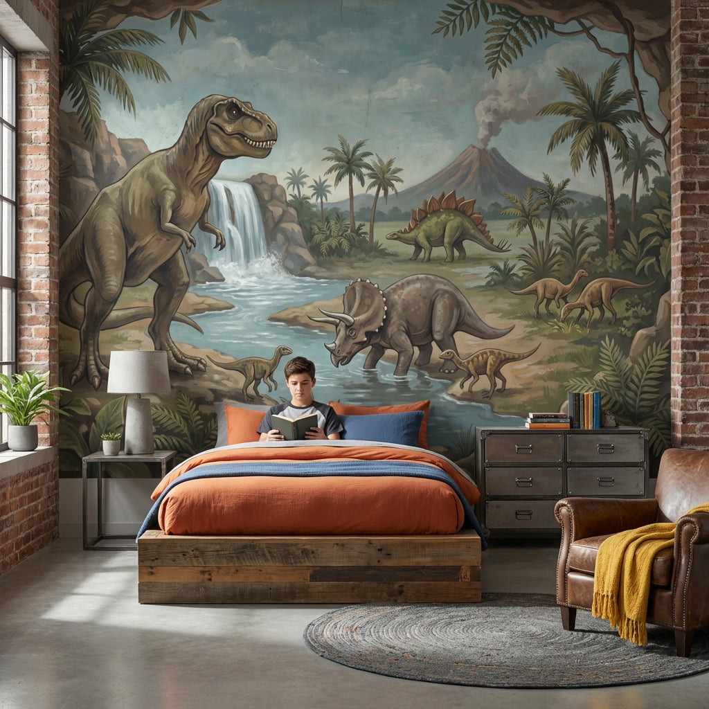 Dinosaurs Wallpaper Waterfall Volcano Removable Wall Decor