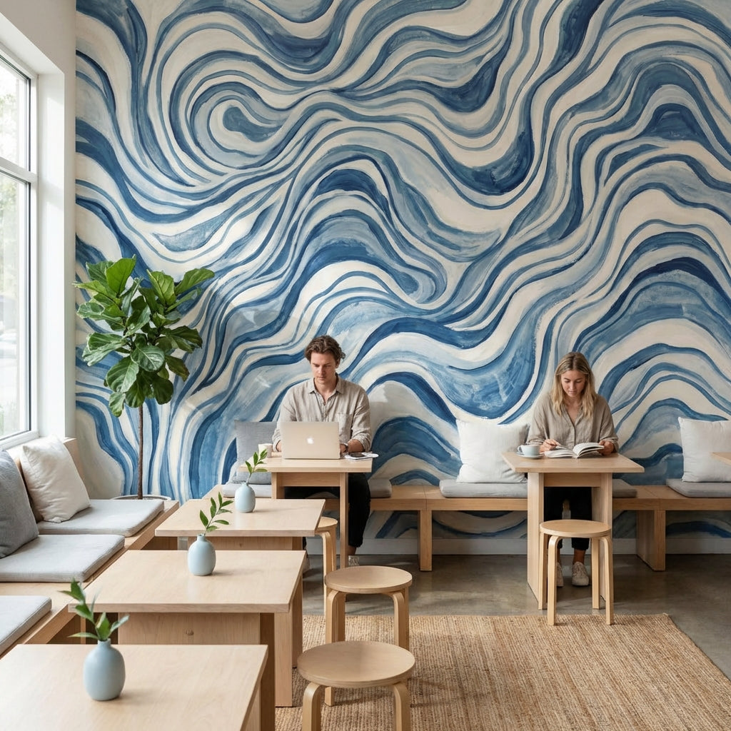 Abstract Pattern Wallpaper Blue Wavy Wall Mural
