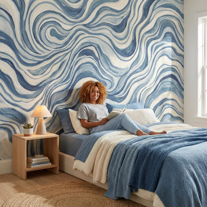 Abstract Pattern Wallpaper Blue Wavy Wall Mural